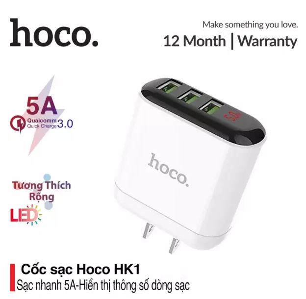 Củ sạc nhanh 3 cổng hoco-hk1 5.0a - có màn hình lcd báo điện áp