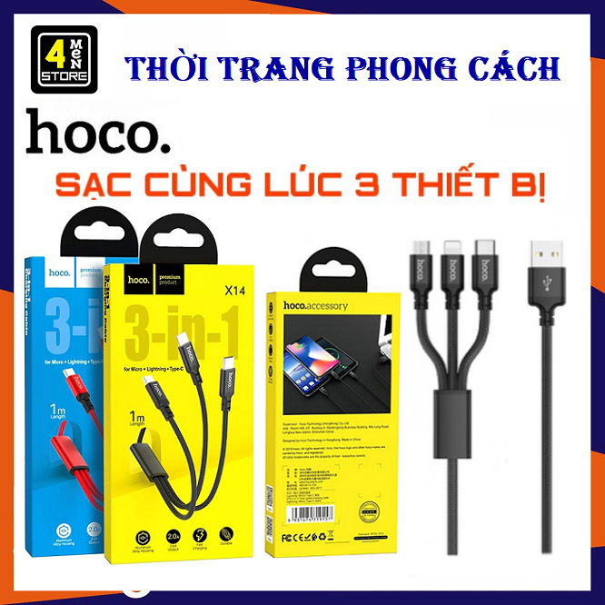 ⚡ cáp sạc hoco x14 - 3 đầu lightning - micro usb - type-c dài 1m - cáp sạc c.hính hãng ⚡