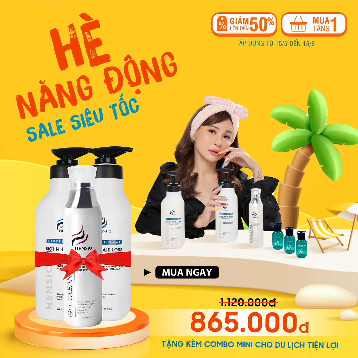 Bộ dầu gội và dầu xả ngăn rụng tóc Hensio Biotin + Sữa rửa mặt Hensio Gel Cleanser