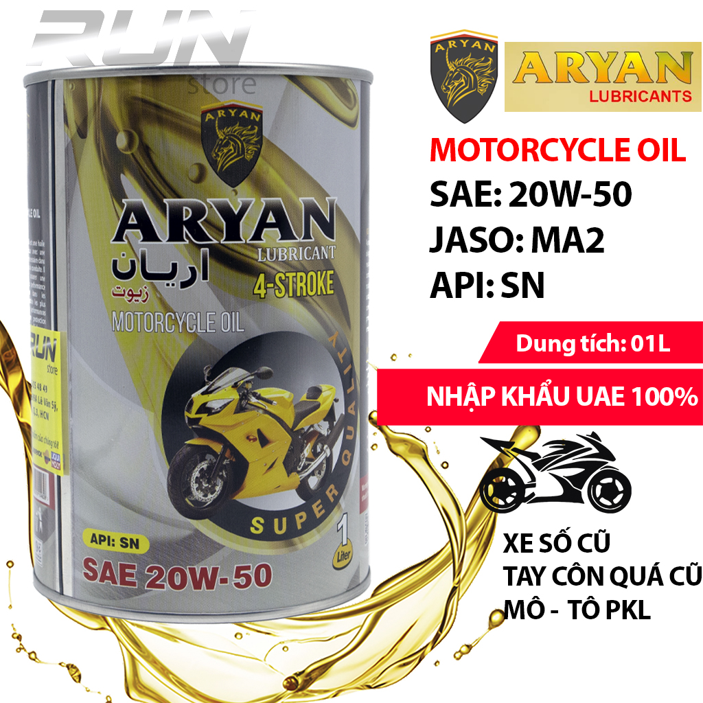 [HCM]Nhớt Lon Tổng Hợp ARYAN 4T 20w50 1000ml MA2 - Nhập Khẩu UAE - ARYAN FULLY SYNTHETIC SAE 20w50 JASO MA2 API SN 1000ML