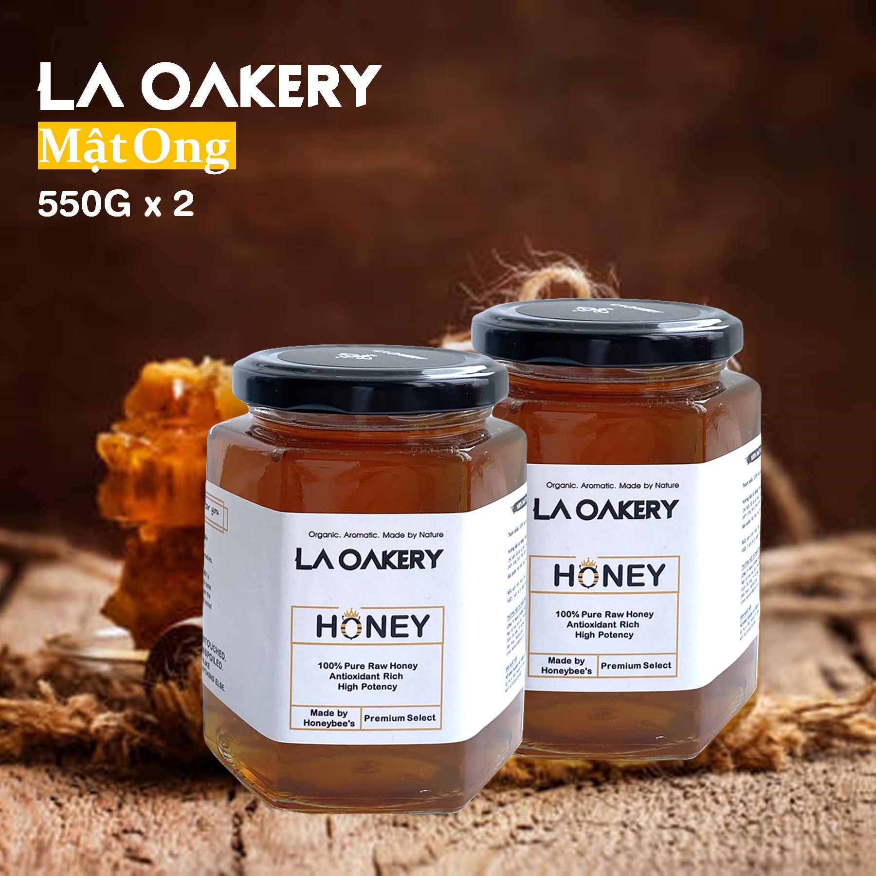 [Siêu nguyên chất] Combo 2 hũ Mật ong nguyên chất La Oakery hoàn toàn tự nhiên tốt cho sức khoẻ cả gia đình chứa vitamin và chất khoáng từ 100% thiên nhiên W550g