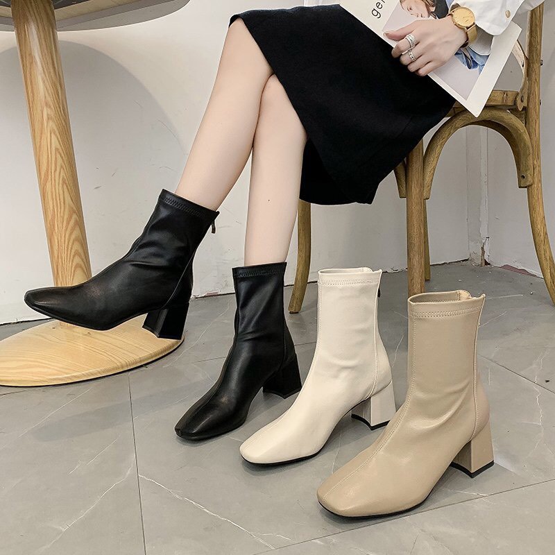 giày bốt nữ da mềm gót 5cm hack dáng cực xinh, Boot ulzzang lót nỉ kéo khoá sau 2 màu đen, kem mẫu mới 2023 G20