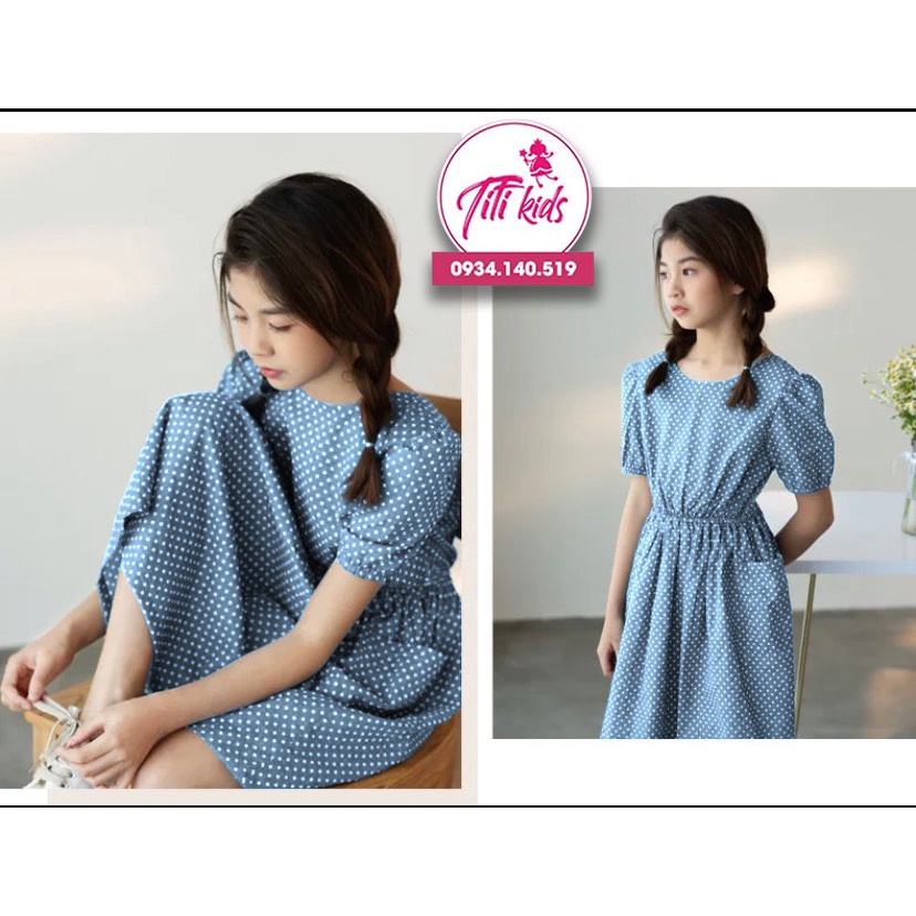Váy cho bé gái suông xanh chấm bi thời trang thu đông cao cấp v176