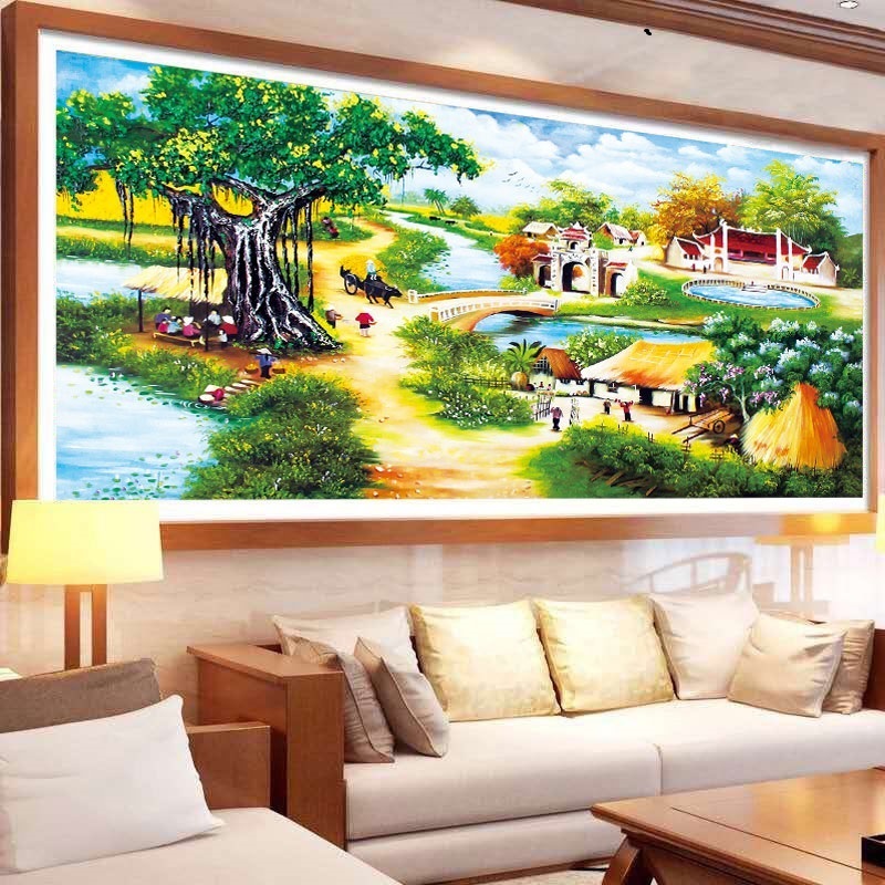 Tranh thêu tranh đá phong cảnh làng quê 2mx90 2mx105cm