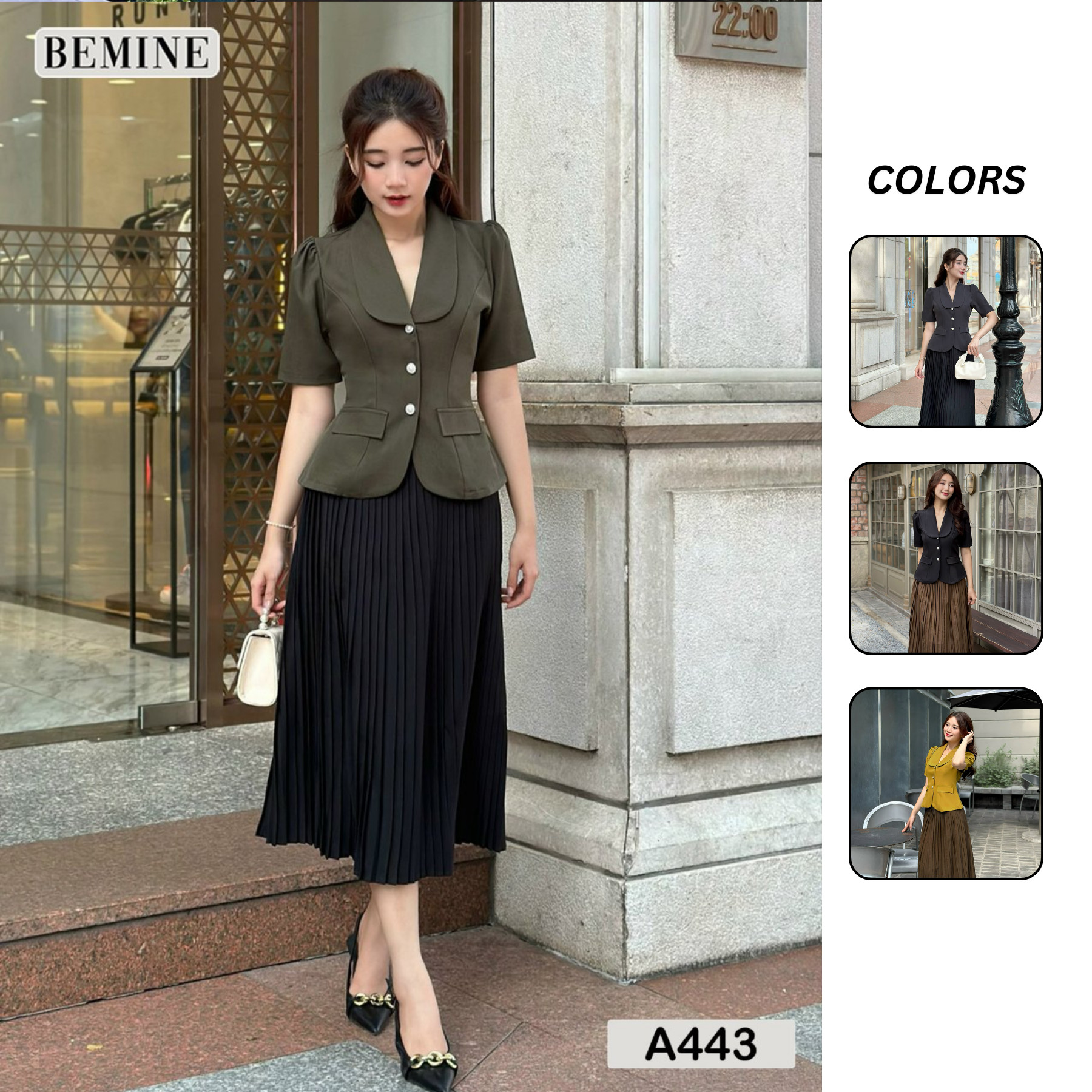 Áo kiểu nữ cổ vest túi giả bemine a443