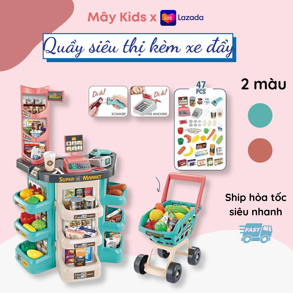 Bộ đồ chơi quầy siêu thị kèm xe đẩy loại lớn kèm âm thanh và ánh sáng cho bé, bộ đồ chơi bán hàng xe đẩy - mây kids