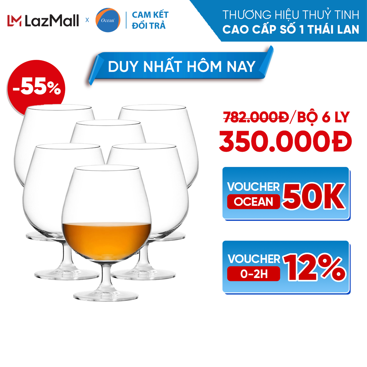 [Cam Kết Đổi Trả Nếu Vỡ] Bộ 6 Ly/Cốc Rượu Thủy Tinh - Ocean Madison Cognac 650ml - Chính Hãng