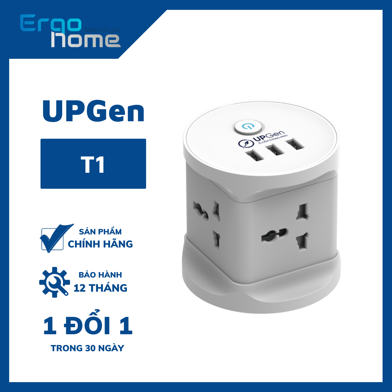 Ô cắm điện đa năng UPGEN T1 có 3 cổng sạc USB cho điện thoại, 4 ổ cắm chịu tải 2500W, dây điện dài 2.5m, An Toàn, Chống Cháy, Chống Giật, BH 12 tháng