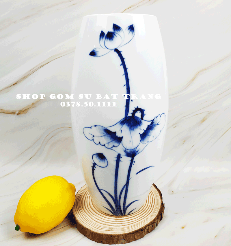 Lọ hoa đẹp Bát Tràng men trắng hoa sen cao 27cm dáng bom