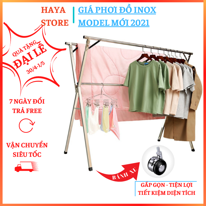 Giàn Phơi Quần Áo Thông Minh Có Bánh Xe, Giá Treo Đồ Gấp Gọn Bằng Inox GP-16