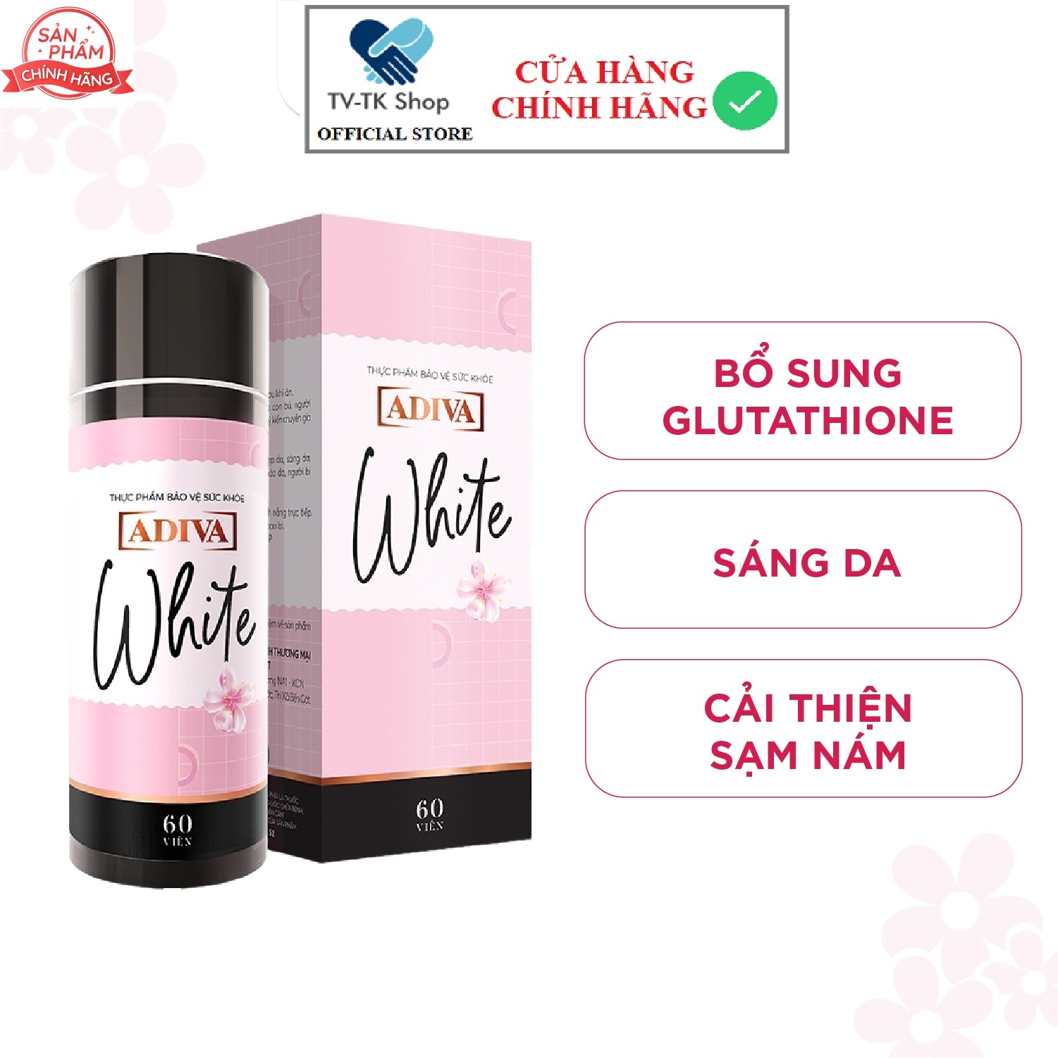 Hộp viên uống trắng da adiva white 60 viên - hỗ trợ giảm các đốm tối màu và thâm nám cho làn da