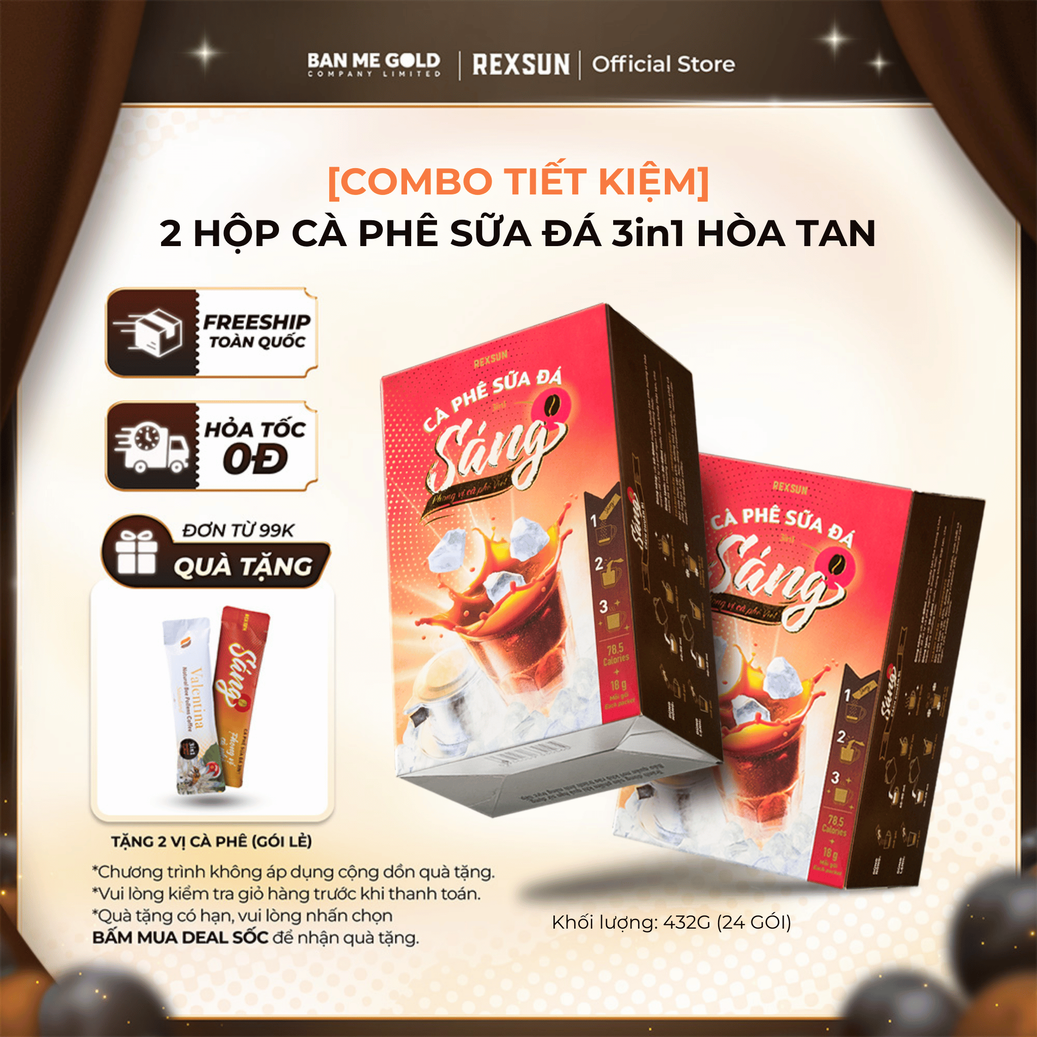 COMBO TIẾT KIỆM 2 Hộp Cà Phê Sữa Đá Truyền Thống 3in1 Tiện Lợi - Cafe Sữa Đá Hòa Tan Chính Hãng Ban Me Gold - Rexsun