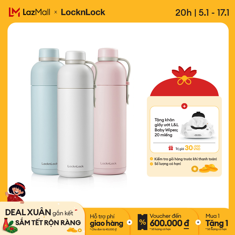 Bình giữ nhiệt Lock&Lock Belt Bottle 490ml - LHC4267 - Màu Pastel - Inox an toàn - Có quai xách kèm cố định nắp bình