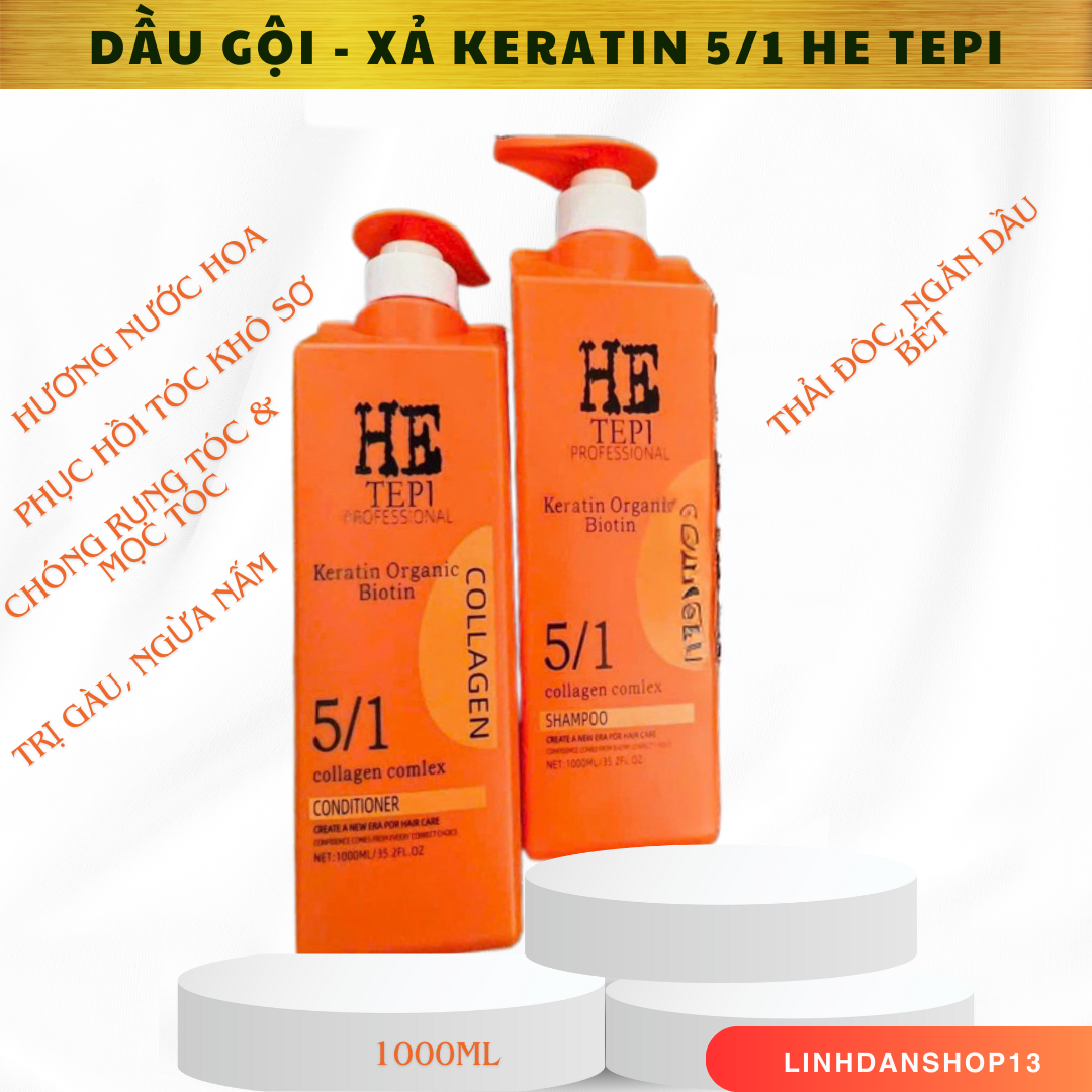 DẦU GỘI - XẢ HE TEPI "CAM" 5 IN 1- 1000ML Collagen Keratin Nano siêu mượt phục hồi tóc