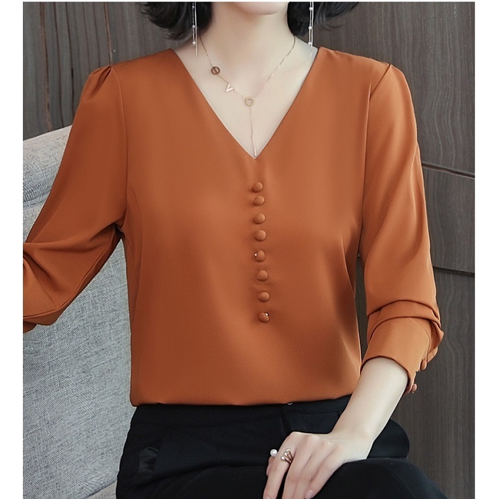 Áo Sơ Mi Nữ Công Sở Kiểu Cổ Tim Ngực Đính Nút Bọc