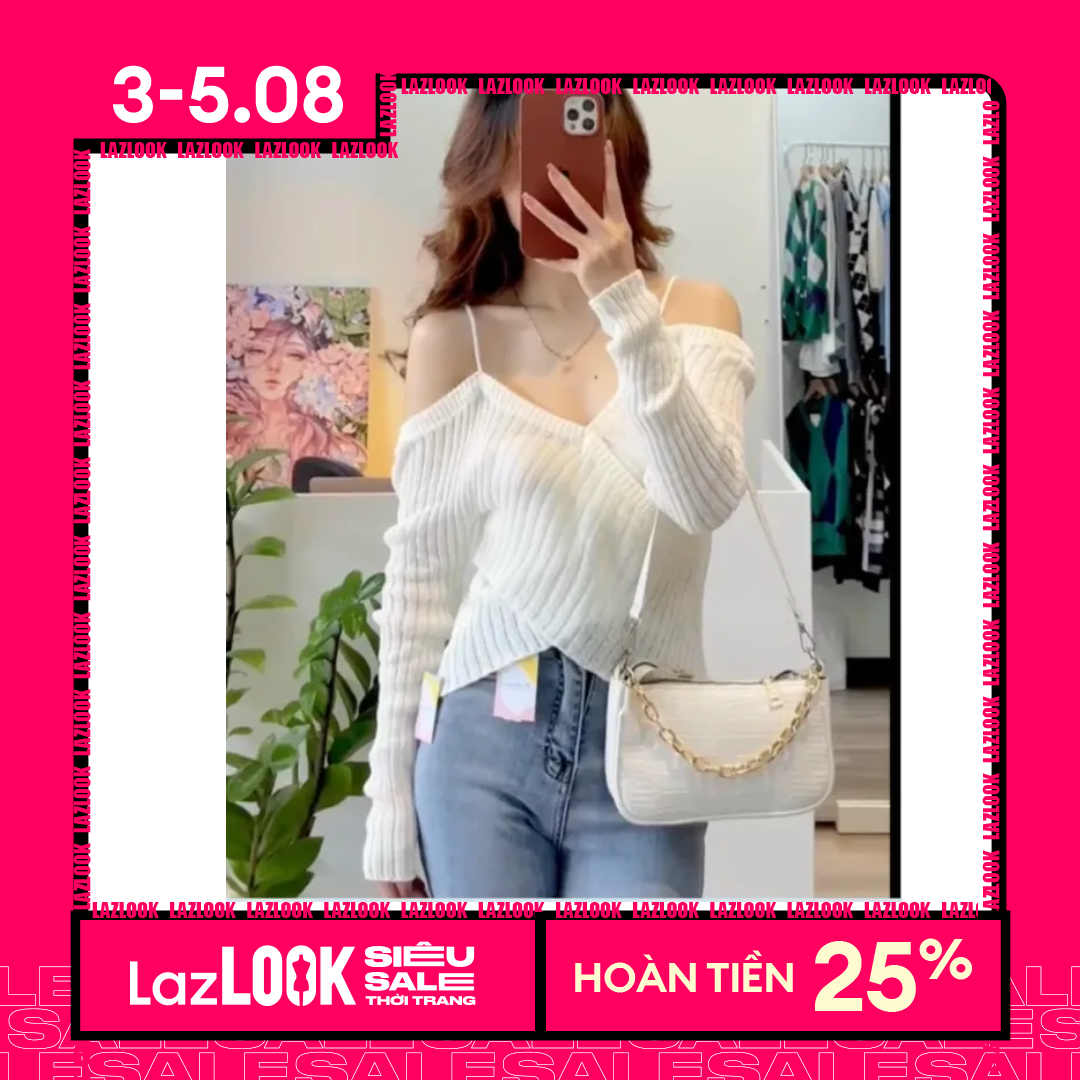 Áo len nữ dài tay cách điệu trễ vai vạt bắt chéo mix 2 dây
