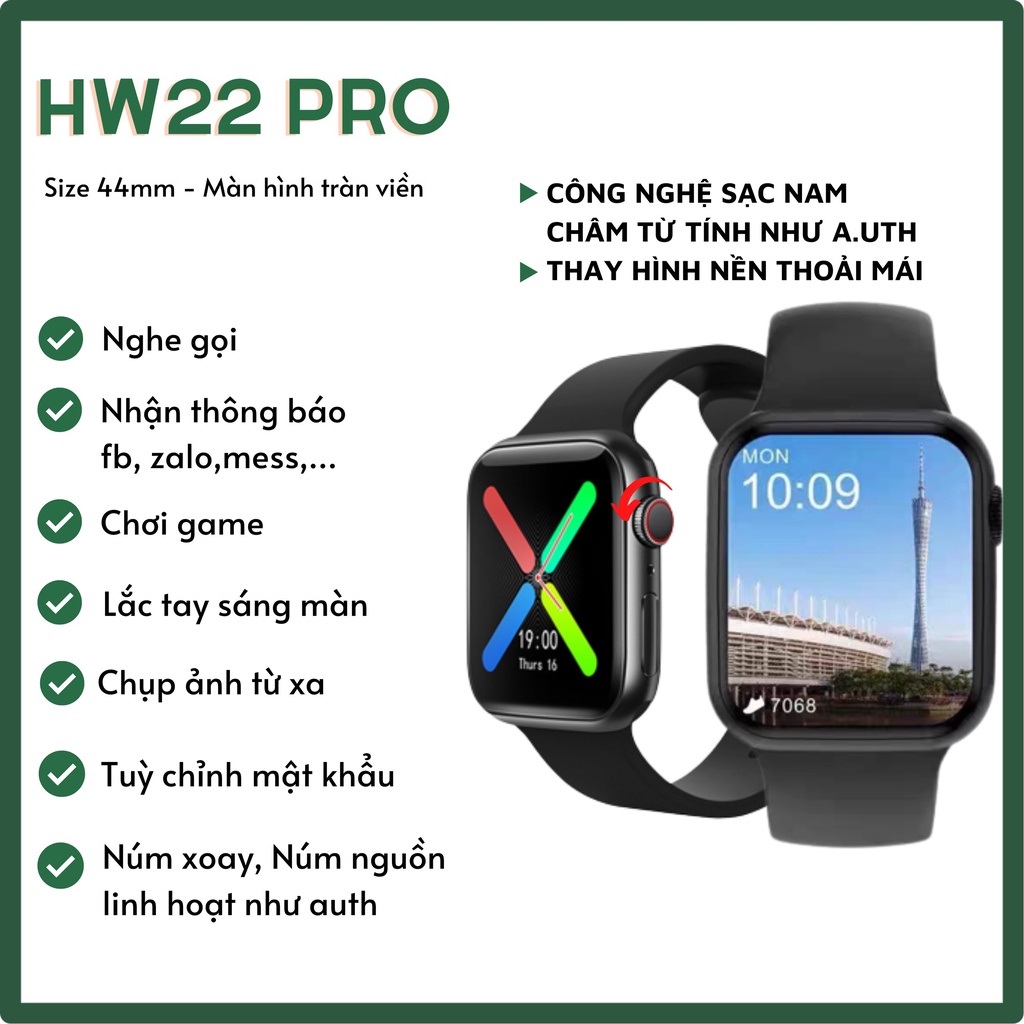 HW22 Pro Seri 7 Cao Cấp Mới Nhât 2022 Smart Watch Màn Hình Tràn Viền Thiết kế chuẩn Series 7 cực đẹp hận Full thông báo tin nhắn, Face, Messenger, Zalo,.. viber, inst bằng tiếng Việt và đọc trên đồng hồ.