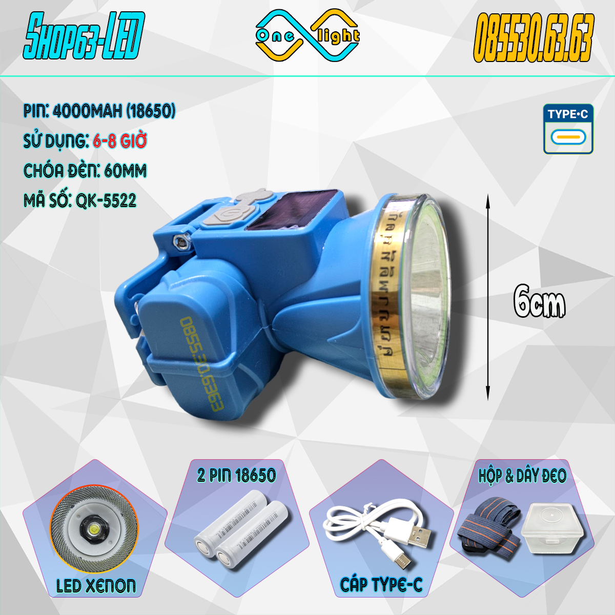 Đèn pin đeo đầu chóa kín nước 6cm, có màn hình hiển thị pin, led bi xenon sáng mạnh 6-8 giờ (2 cell pin 18650, kèm hộp nhựa, dây đeo, cáp sạc)