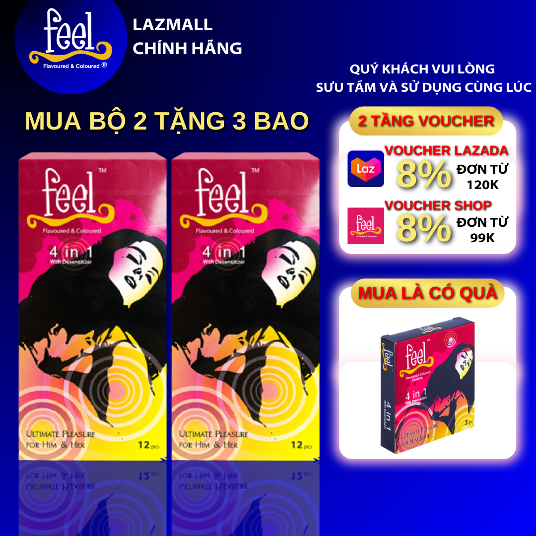 Bộ 2 Hộp Bao cao su Feel 4 in 1 kéo dài thời gian, có Gai và Gân, hộp 12 bao.