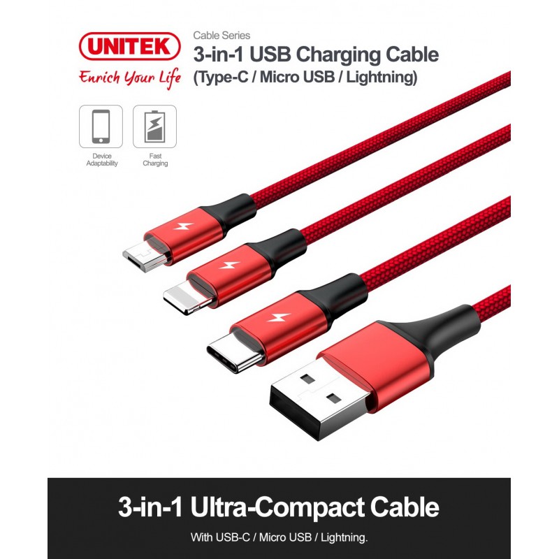 CÁP USB LIGHTNING +MICRO USB + TYPE C 1M2 UNITEK C 4049RD
