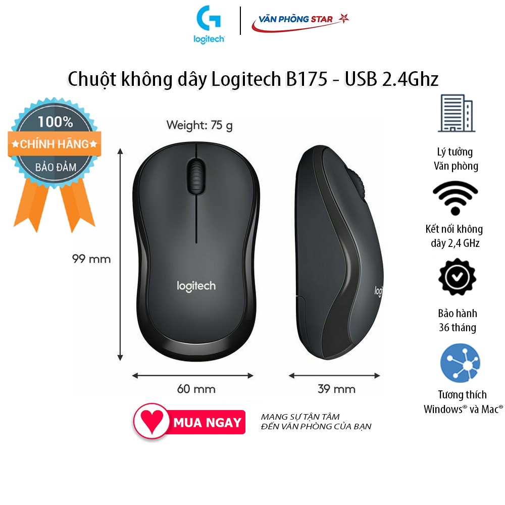 Chuột không dây Logitech B175 chính hãng bảo hành 3 năm - pin AA dùng 1 năm