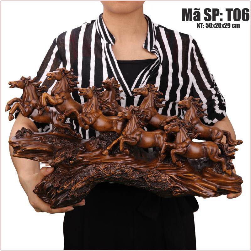 Tượng bát mã truy phong bột đá đúc sơn phủ gỗ T06, Bộ tượng mã đáo thành công, tượng trưng cho phát đạt và thành công