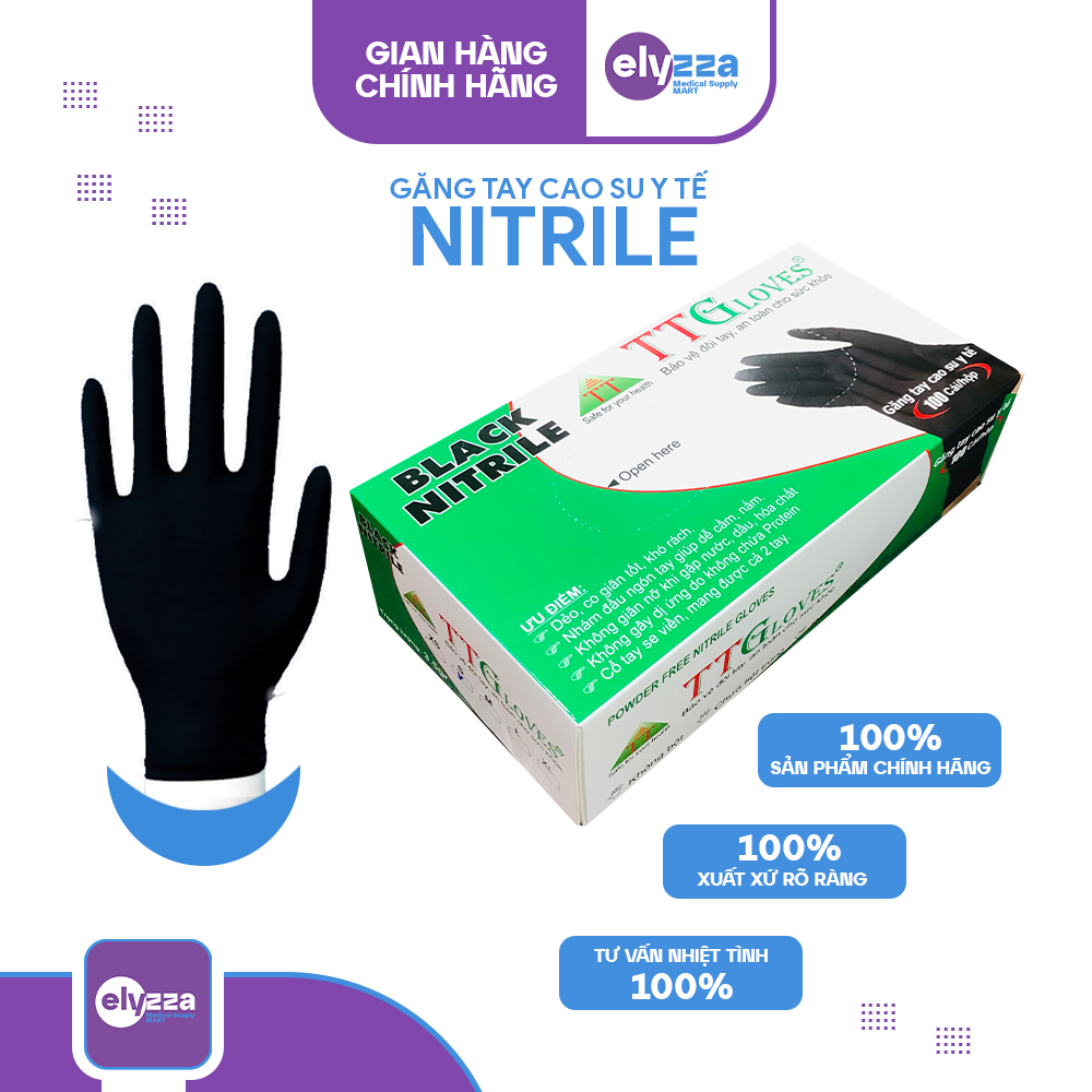 Găng Tay Y Tế Nitrile Không Bột Cao Cấp TTGloves Màu Đen (Hộp 100 Chiếc)