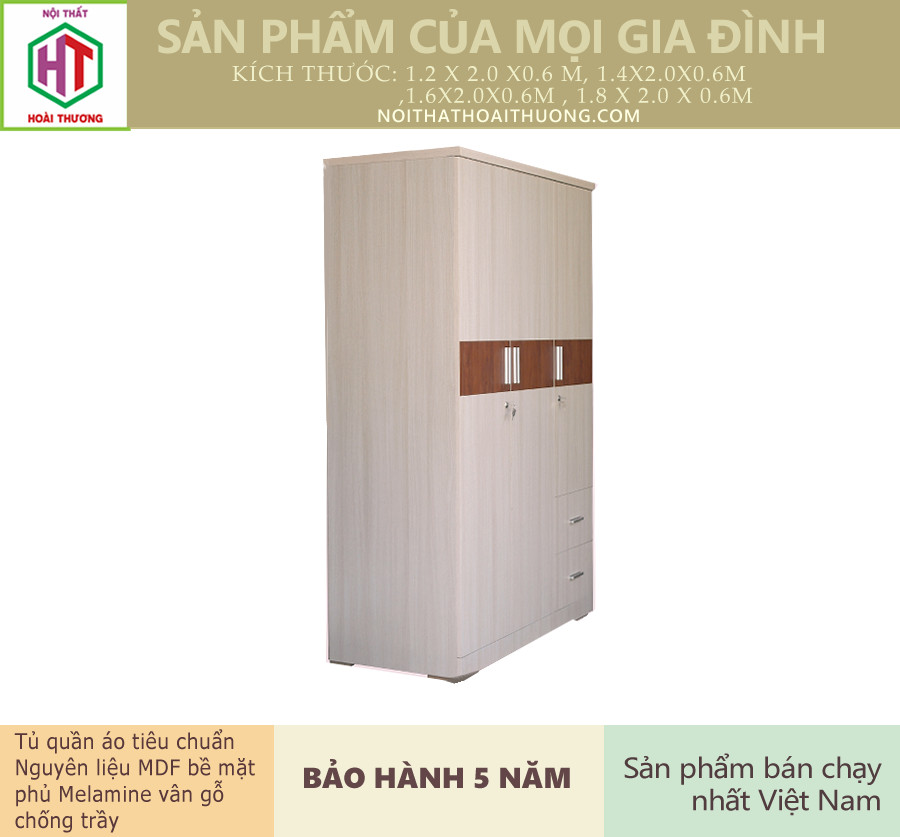 Tủ quần áo ht11 - 1.2 m mdf phủ melamine vân gỗ nhập khẩu chống trầy xước kiểu dáng hiện đại