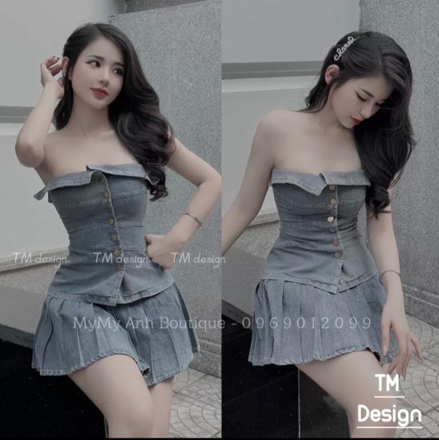 Bộ cup bò , áo cup ngực chân váy ngắn xếp ly có lót quần bên trong chun nữ sau lưng siêu xinh
