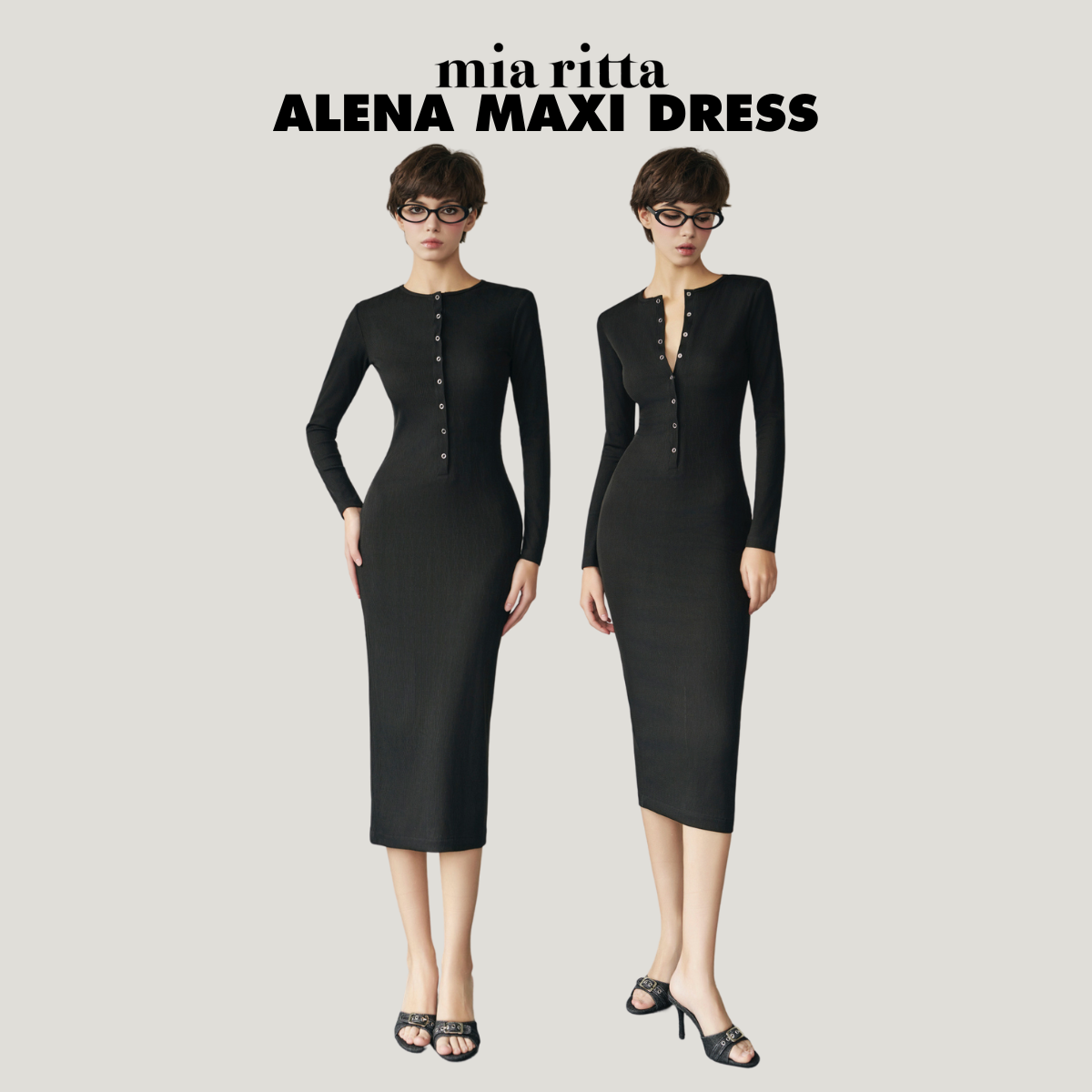 Váy len gân Alena Maxi Dress Mia Ritta V1074 - Váy thun len tăm dài tay khuy bấm cổ tròn - Đầm body len tăm co dãn tốt