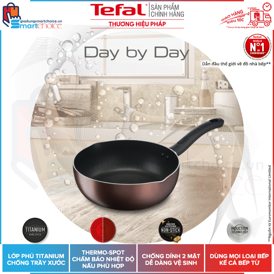 TEFAL GIÁ SHOCK, CHẢO CHIÊN SÂU LÒNG TEFAL DAY BY DAY G1436405, CHỐNG DÍNH, DÙNG MỌI LOẠI BẾP, CHẤM ĐỎ BÁO NHIỆT