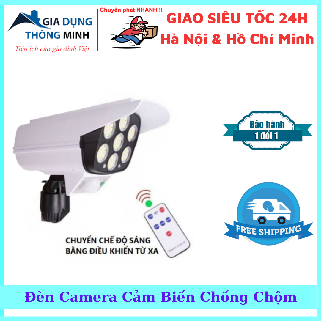 Đèn led năng lượng mặt trời kiểu dáng camera 7 bóng cảm biến tự động chiếu sáng chống trộm có điều khiển từ xa mẫu mới 2021 - Gia Dụng Thông Minh