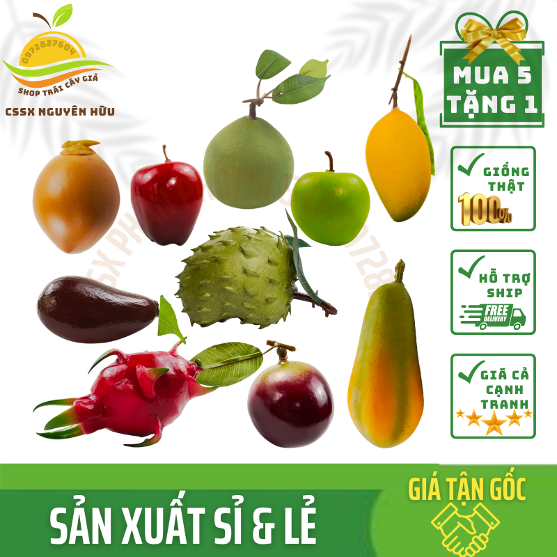 COMBO 10 TẶNG 1 ngẫu nhiên - 10 TRÁI GIẢ GỒM đủ dài, thanh long, bưởi nhỏ, cầu gai tròn, dừa vàng, vú sữa, xoài cát, táo xanh, táo mỹ, bơ nâu