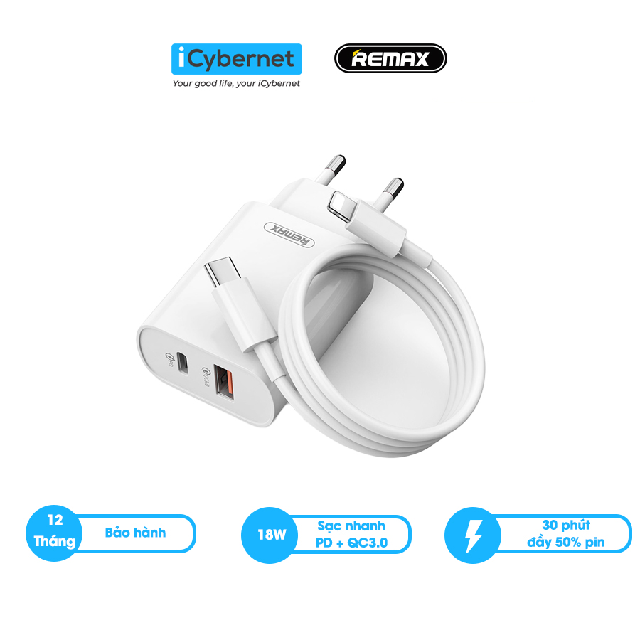 Bộ củ cáp sạc nhanh remax rp-u37 18w 2 cổng usb và type c chuẩn kép pd+qc 3.0- hàng chính hãng