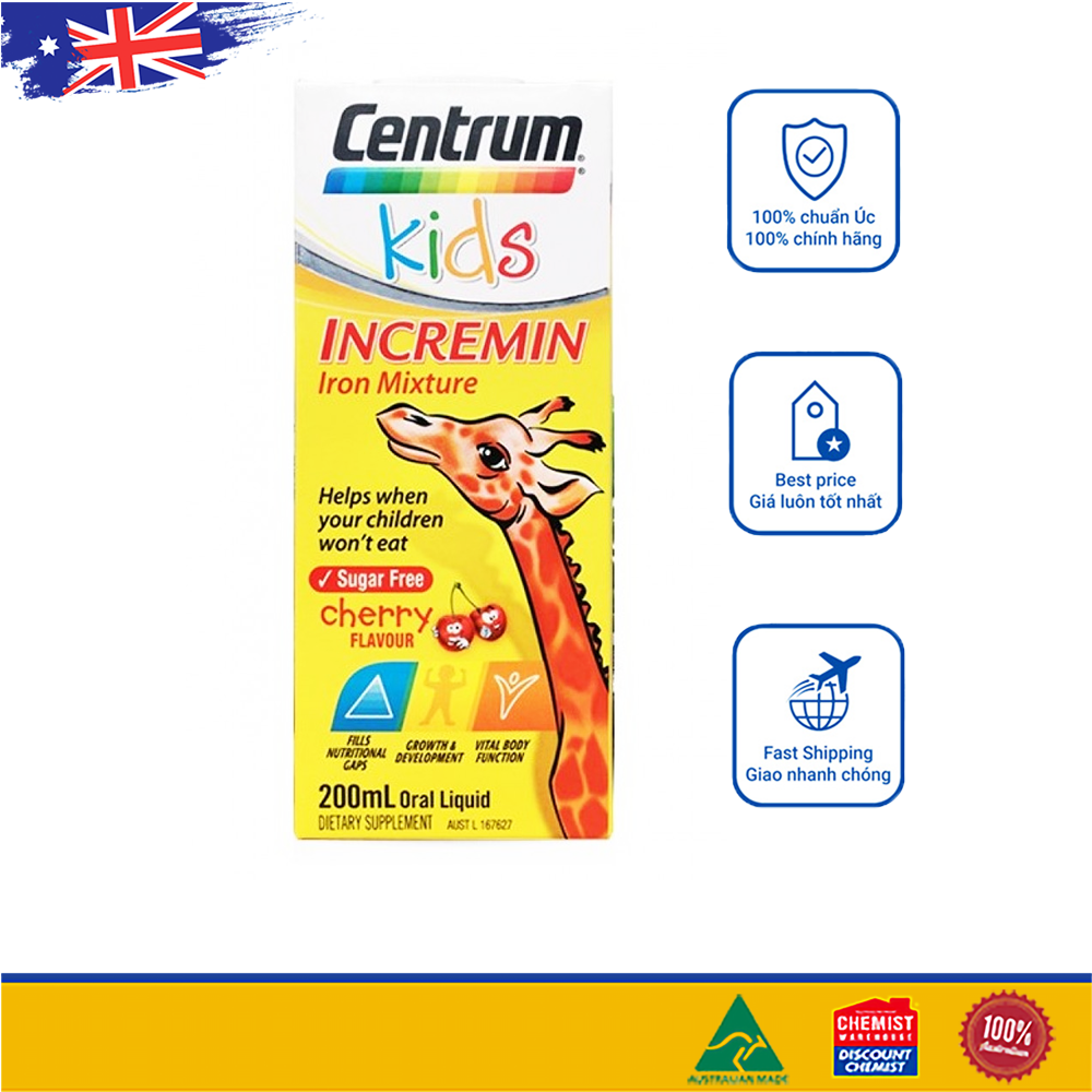 Siro cho trẻ biếng ăn Centrum Kids Incremin Iron Mixture Cherry Flavour 200ml (LZD3)
