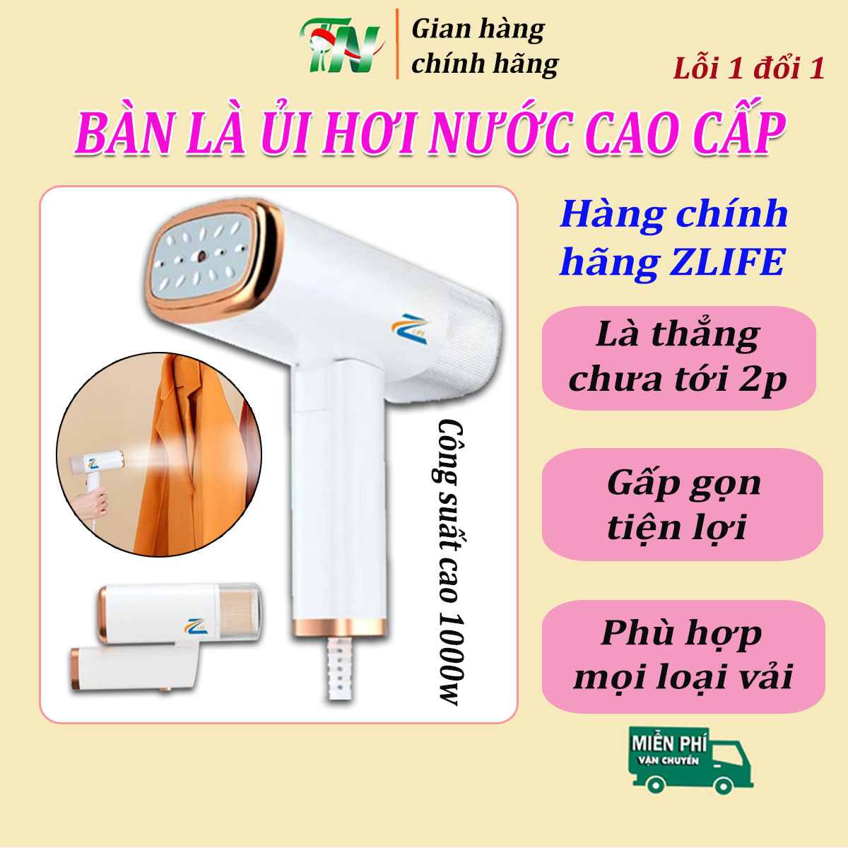 (BẢO HÀNH 5 NĂM) Bàn là ủi hơi nước cao cấp, Bàn là hơi nước mini cầm tay, máy là hơi nước cầm tay gấp gọn du lịch công suất cao 1000W Chính Hãng Zlife