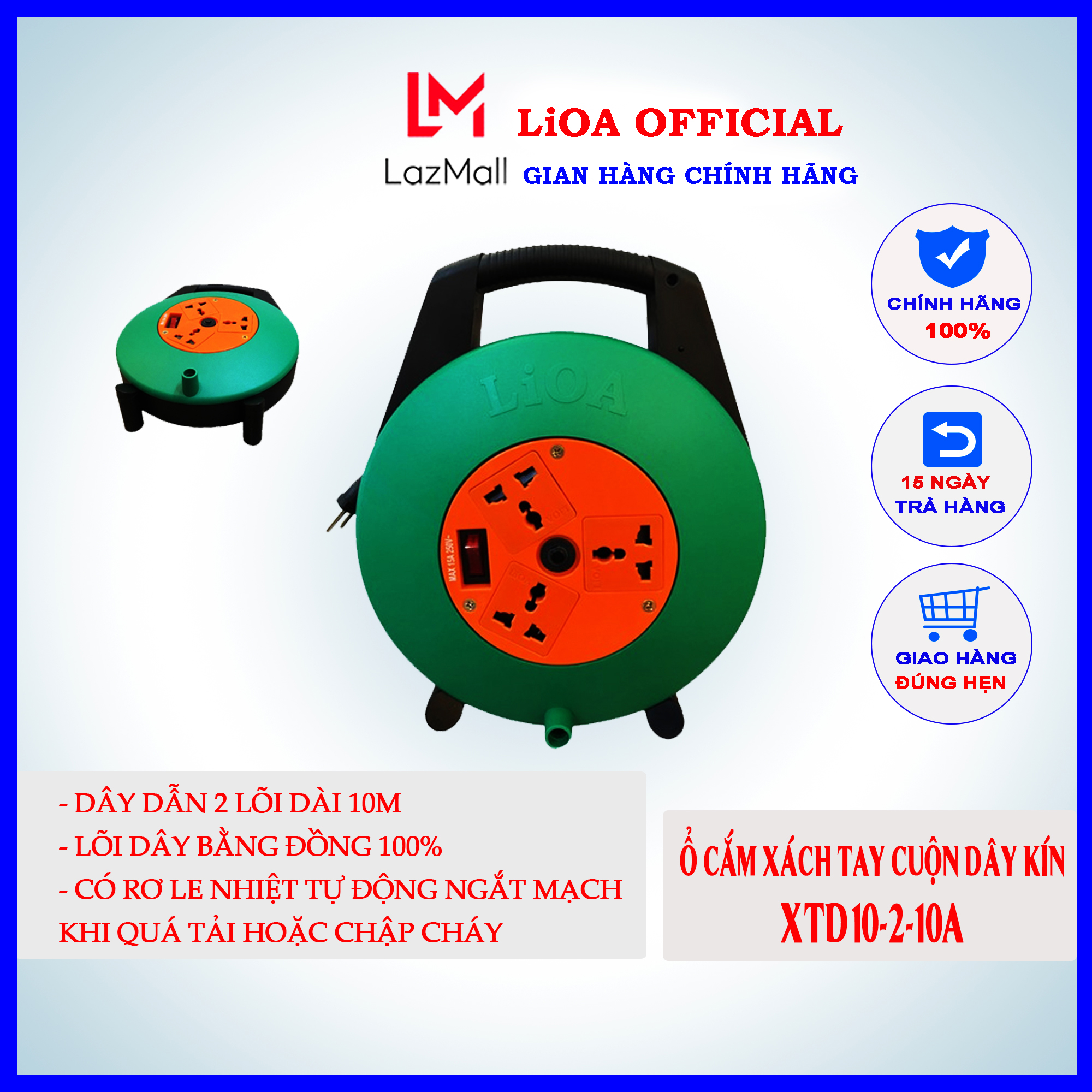 Ổ cắm xách tay Lioa dây 10 mét cuộn dây kín tiện dụng XTD10-2-10A  XTD10-2-15A