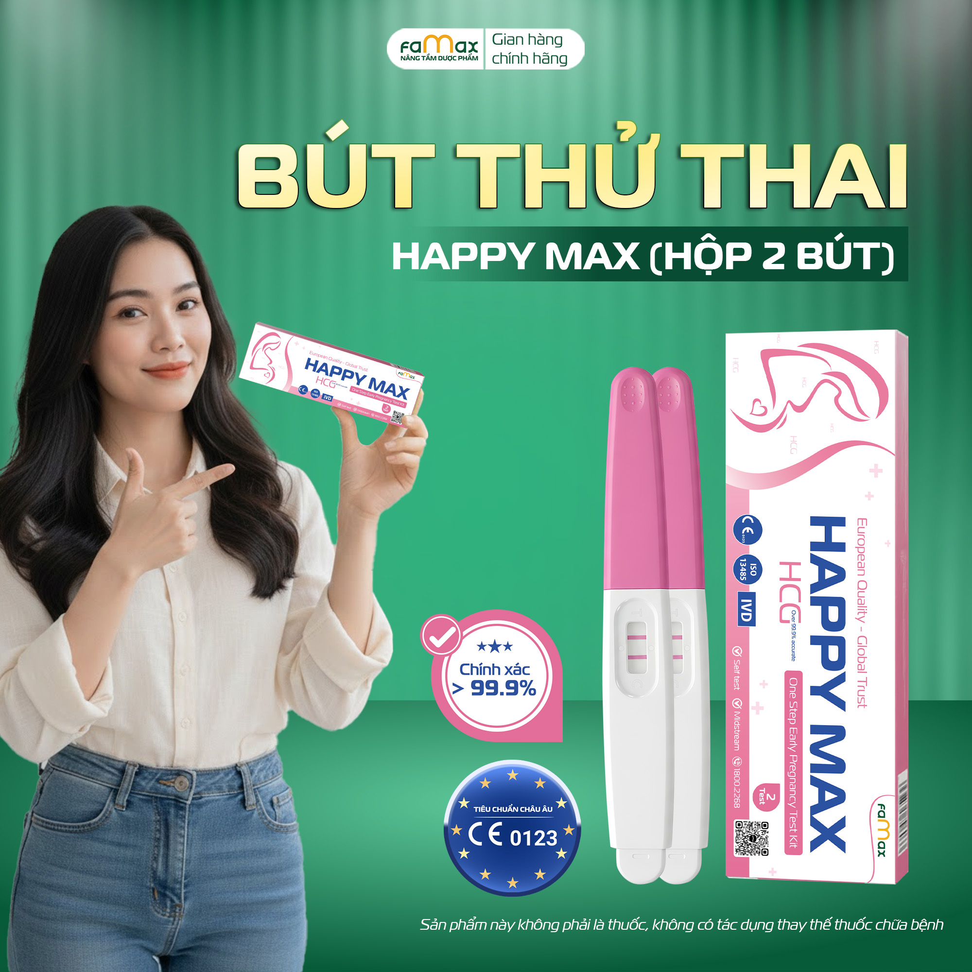Bút thử thai Happy Max (hộp 2 bút) - Dược Famax có bảo mật che tên sản phẩm