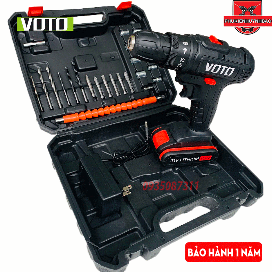 Máy Khoan Pin 21V VOTO 2 Chế Độ Kèm Phụ Kiện,Chân Pin 18mm,1 Pin,Bảo Hành 1 Năm