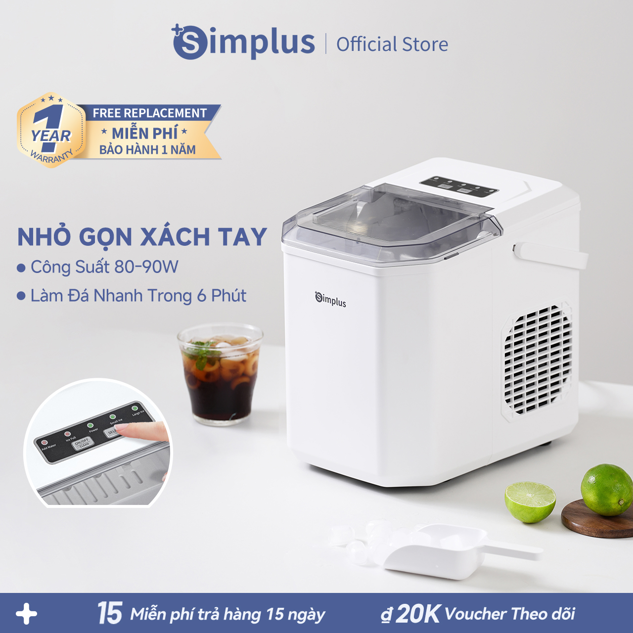  Simplus Máy Làm Đá Simplus 1.3L Gia Dụng Mini Tự Động Máy Làm Đá Công Suất Thấp ICE MAKER ZBJH001- Bảo hành 1 năm 1 đổi 1 