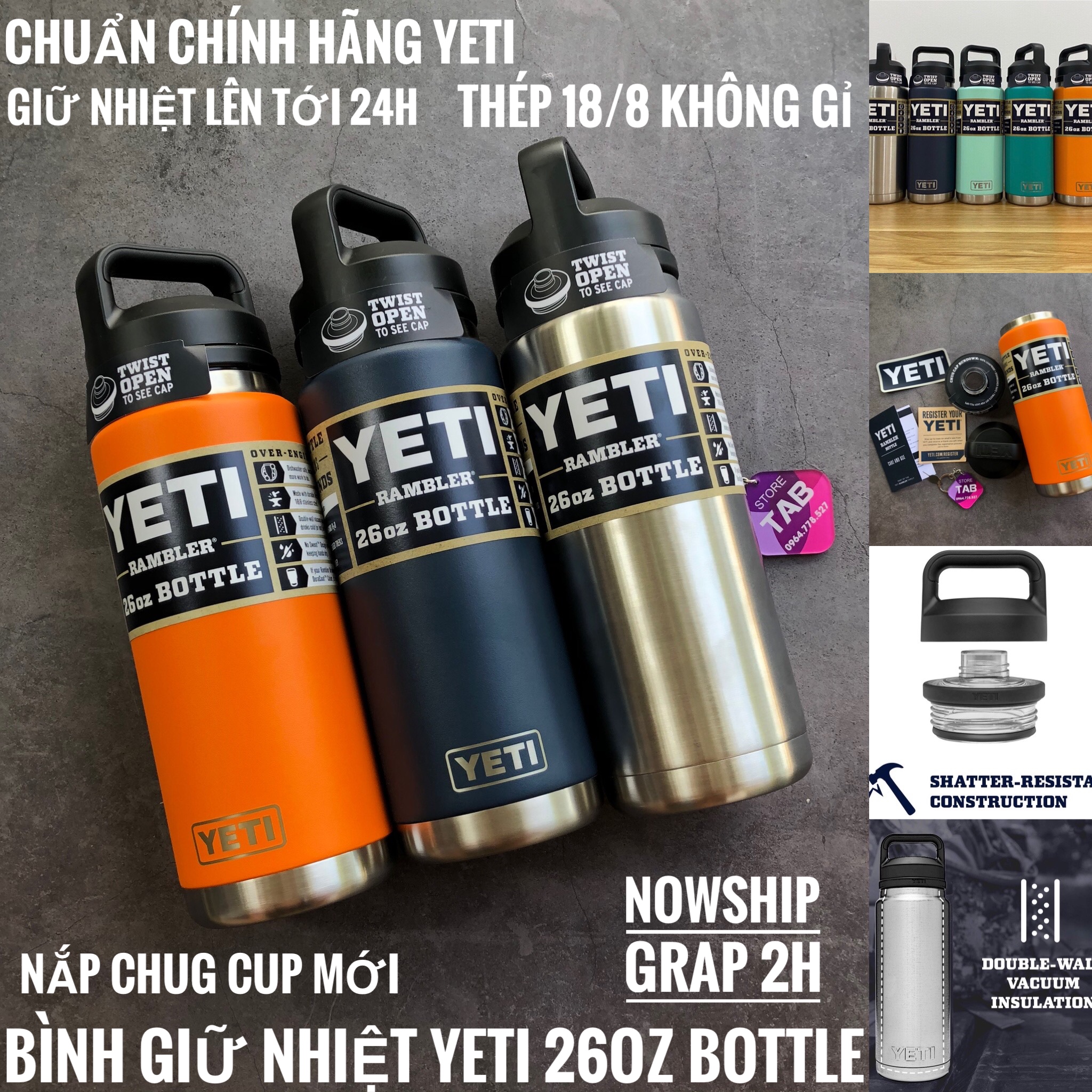 Bình Giữ Nhiệt Yeti Rambler 26oz Bottle Nắp Chug Cap - Yeti USA