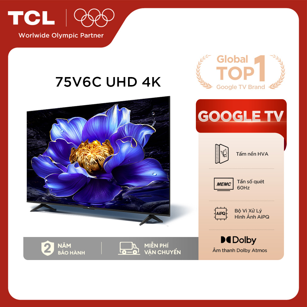 【UHD 4K 75inch - Smart Google TV TCL 75V6C - Tấm nền HVA - Tần số quét 60Hz - Dolby Atmos - Bảo Hành 2 Năm - Hàng Chính Hãng