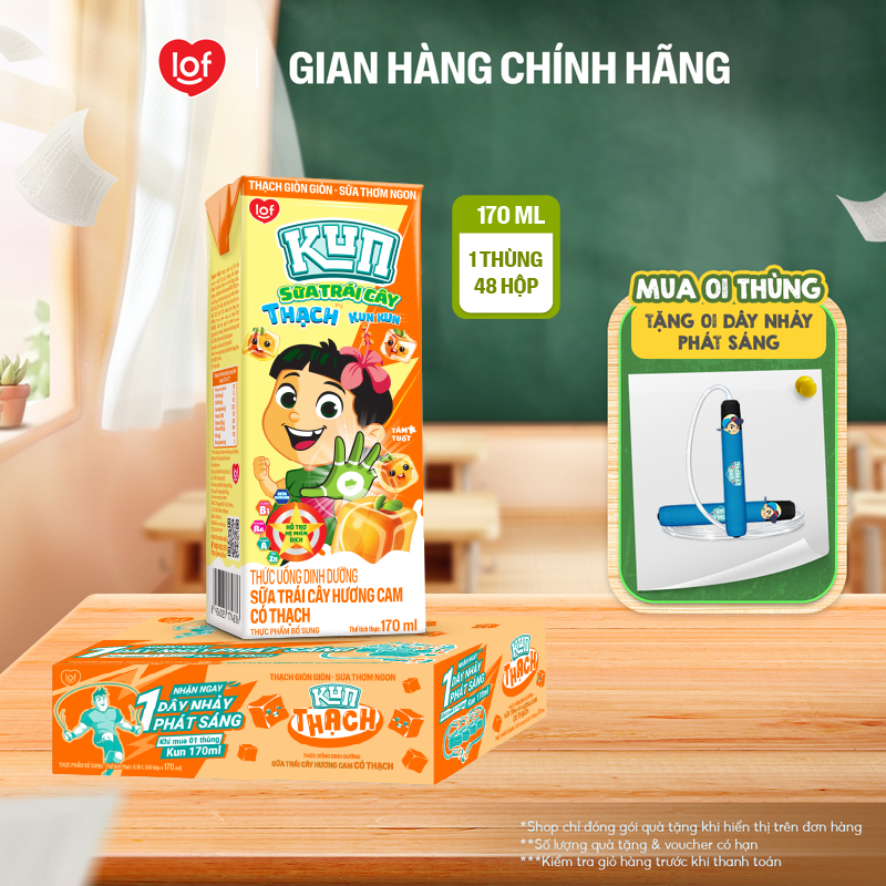 Kun Sữa trái cây Cam có Thạch thùng 48 hộp x 170ml