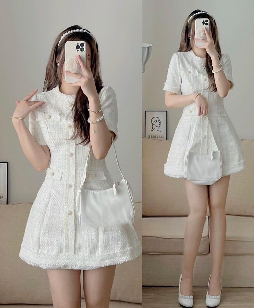 Đầm dạ cổ tròn nút ngọc