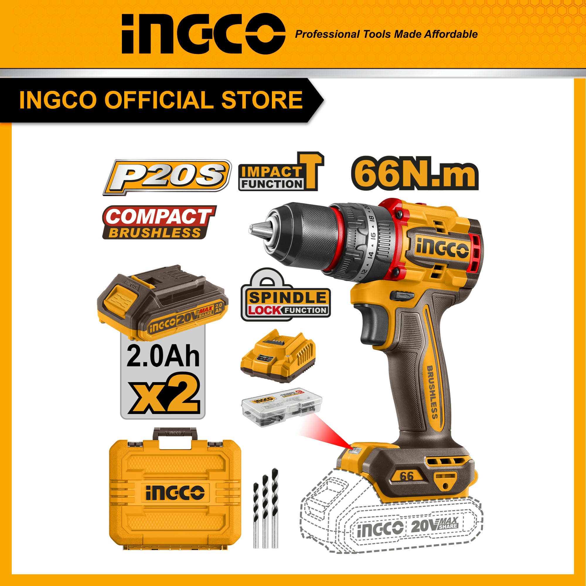 Máy khoan búa pin 20V 3 chức năng có búa motor không chổi than lực siết 66Nm INGCO CIDLI206681 | CIDLI20668 khoan tường siết vít khoan gỗ