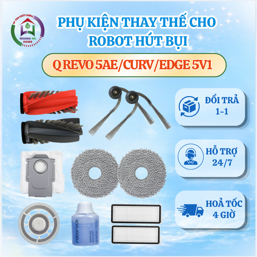 Phụ kiện robot hút bụi tương thích robot Roborock Qrevo 5AE/ Qrevo CurV/ Qrevo Edge/ Qrevo Edge 5V1 - Phụ kiện robot hút bụi lau nhà chất lượng cao - Túi rác. màng lọc, chổi cạnh, chổi chính