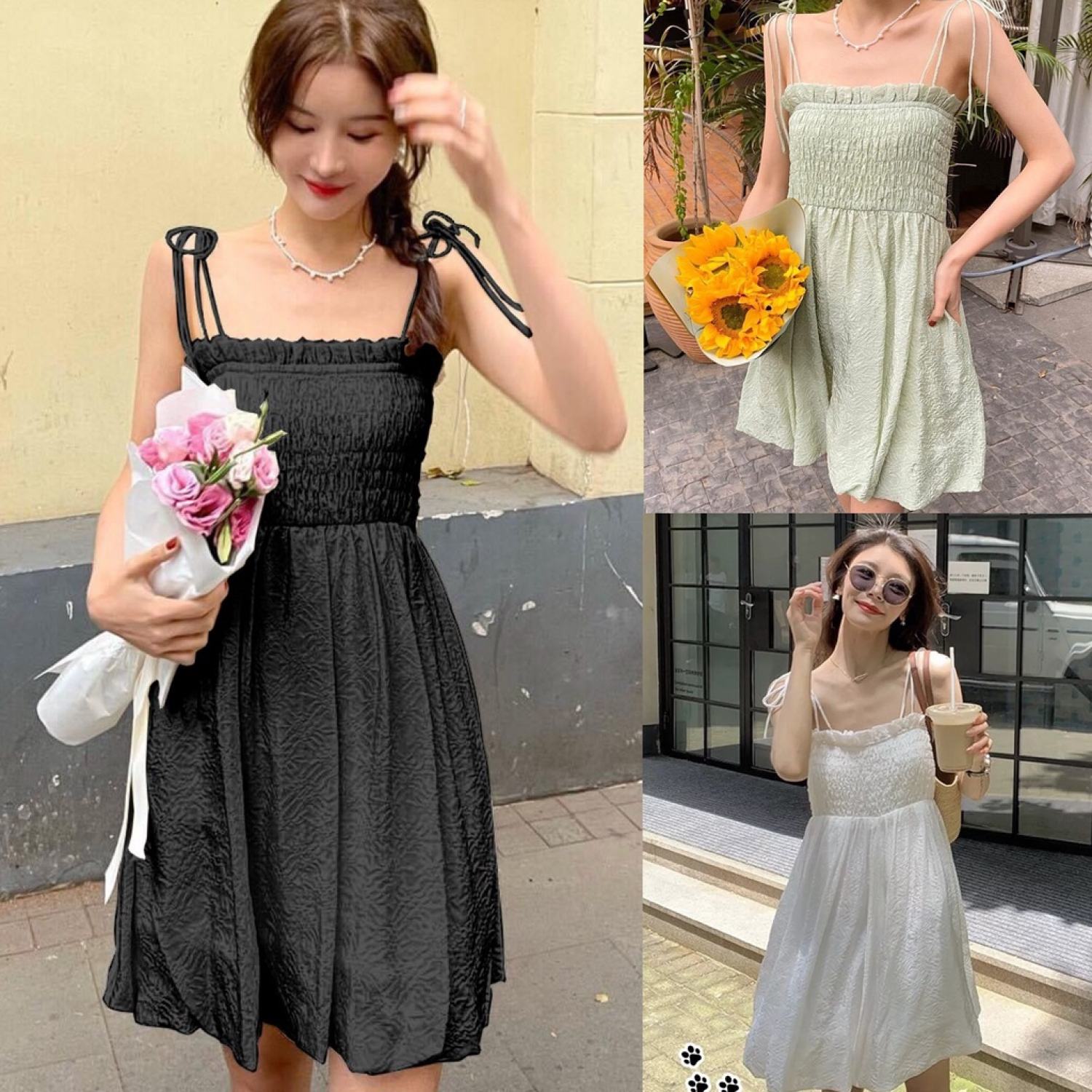 V001 - Váy hai dây thắt nơ chun ngực viền bèo Ulzzang dáng xòe xinh xắn đầm voan mềm Hàn Quốc cá tính phong cách