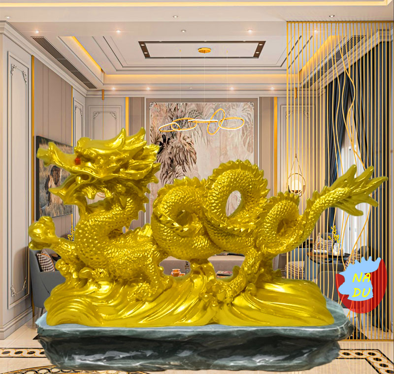 Tượng: rồng 2.000 lớn_m đá đúc, d23 x r7 x c14 cm, màu vàng