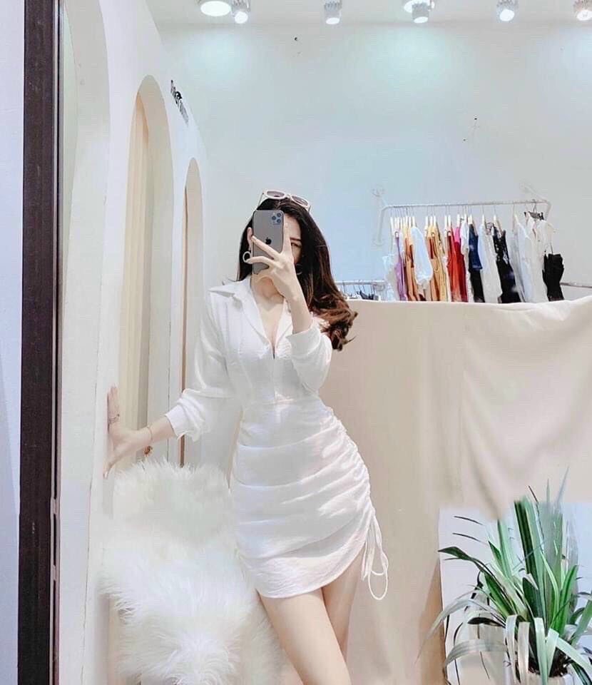 Đầm sơ mi cài nút tay dài rút dây hông siêu tôn dáng