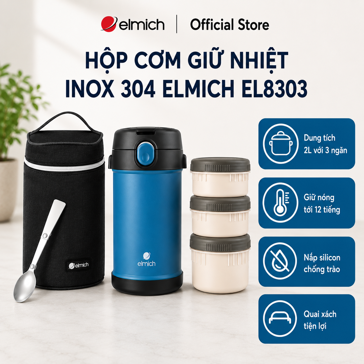 (Chỉ 25-29.07)Hộp cơm giữ nhiệt inox 304 Elmich EL8303 dung tích 2L